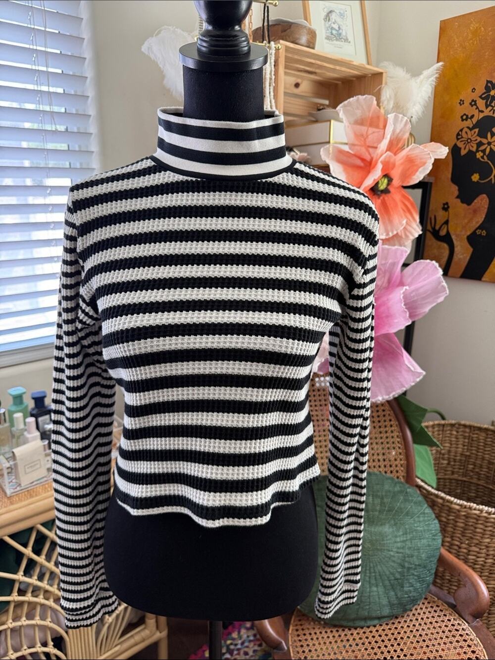 Aerie Black & White Stripe Cropped Waffle Knit Wednesday Addams Fairy Grunge Top